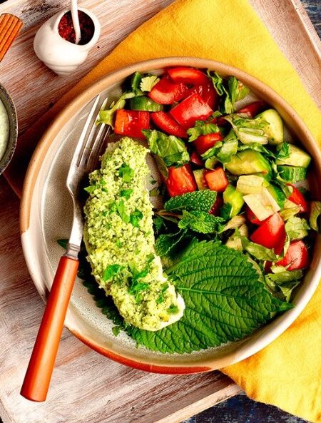 Halibut with mint coconut chutney