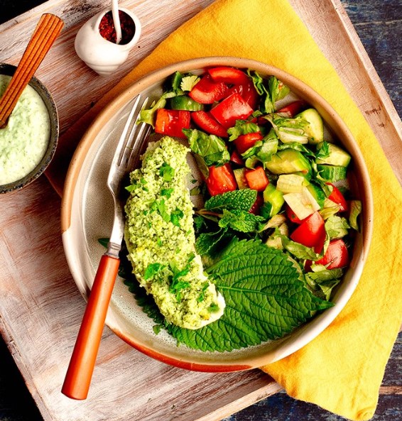 Halibut with mint coconut chutney